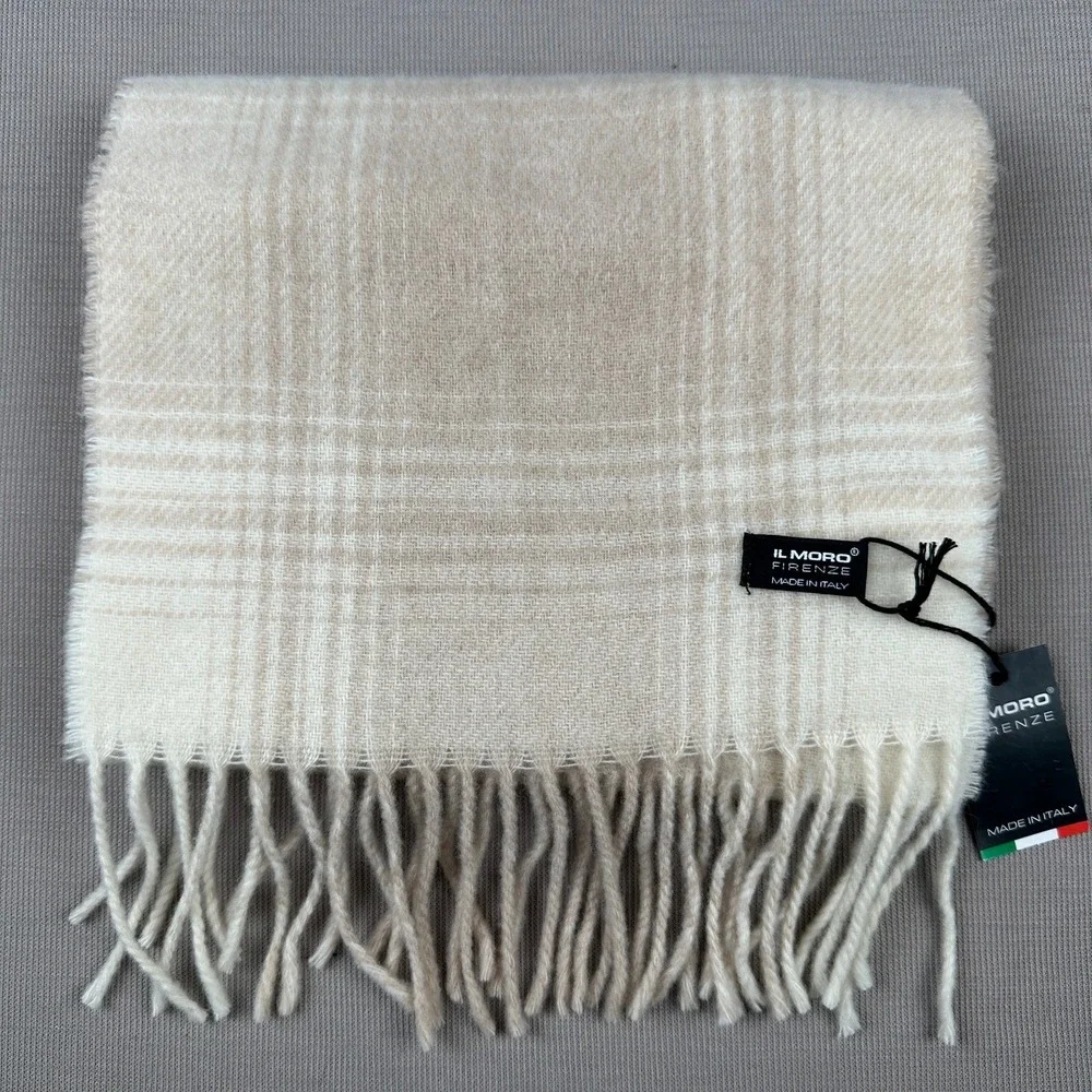 Il Moro Firenze Wool Cashmere Scarf Made in Italy Plaid Cream Beige RN 75343